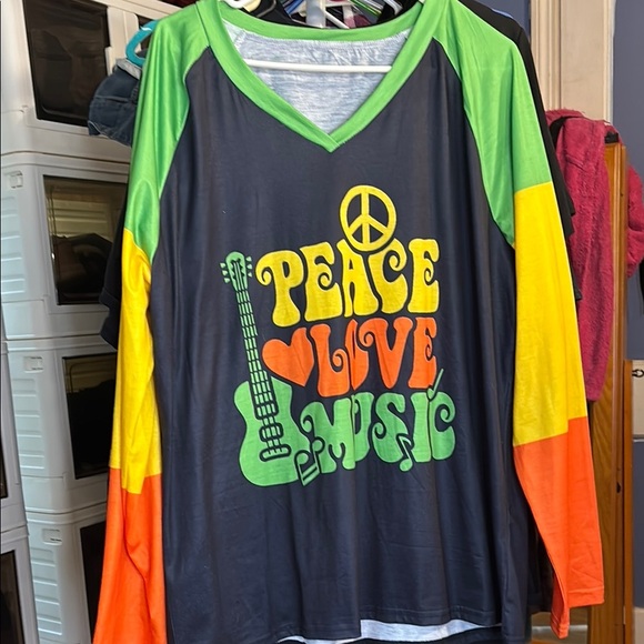 Peace Love Music Kids Raglan Shirt - Green, Yellow, Orange - Picture 1 of 1